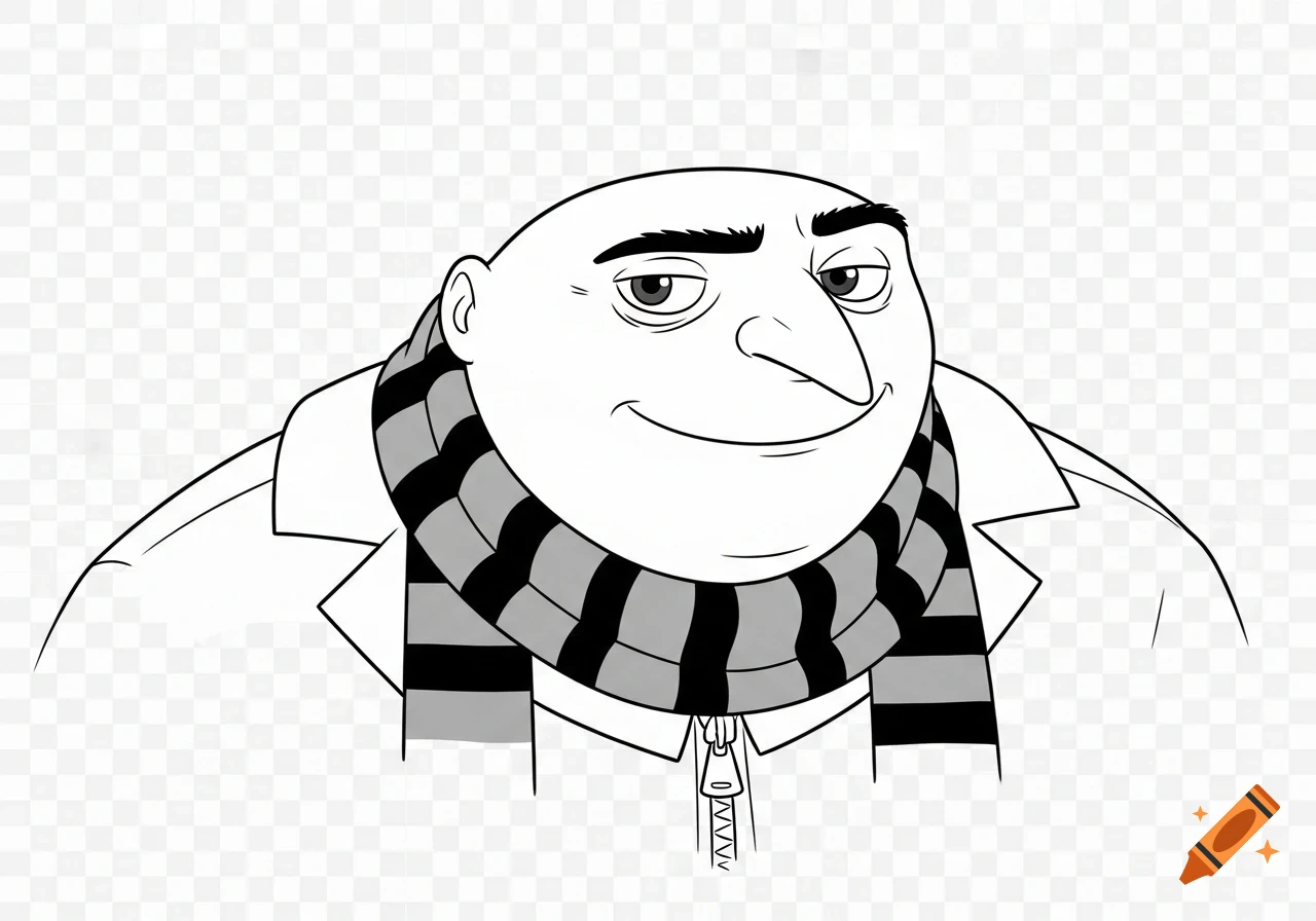 Line drawing of Gru from Despicable Me, smirking and wearing a striped scarf, on a transparent background.