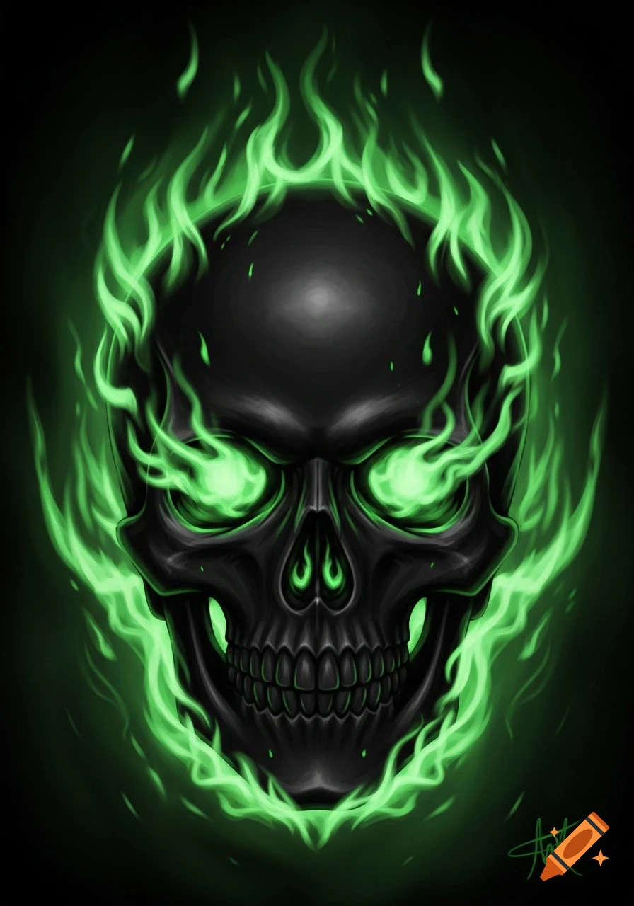 A dark stylized skull with glowing green eyes and surrounded by bright green flames on a black background.