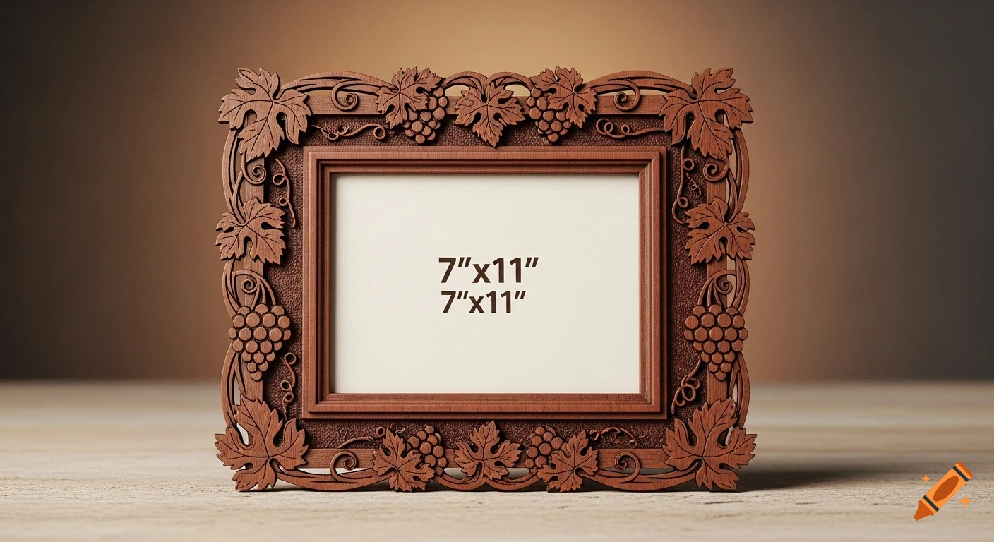 A detailed wooden picture frame carved with grapevines and leaves, designed for a 7"x11" photo.