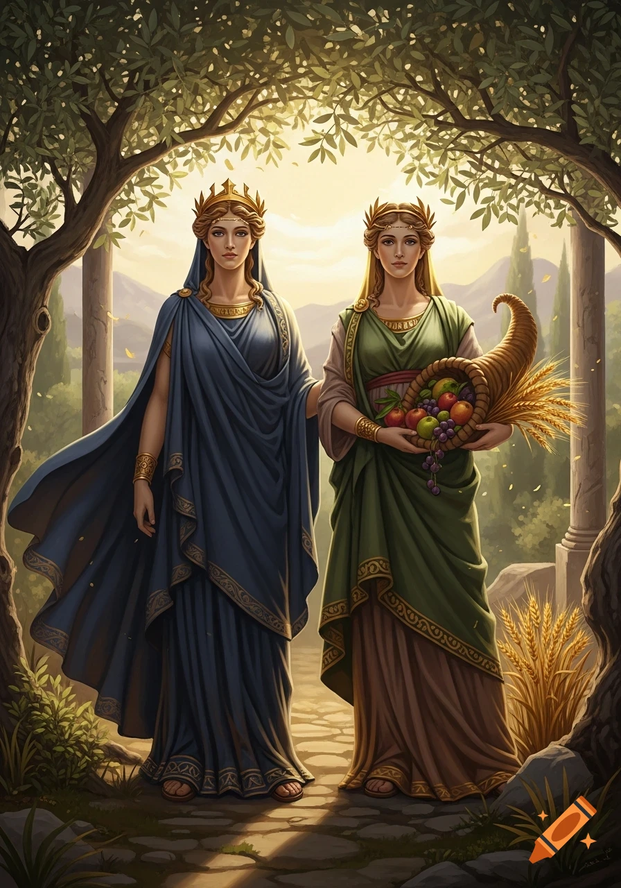 Two crowned goddesses in classical robes stand under olive trees, one holding a cornucopia of fruit and wheat, in an illustrative style.