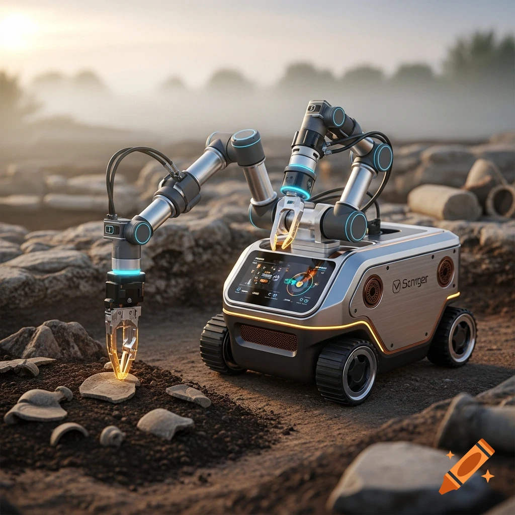 A futuristic archaeological robot with multiple arms and glowing tools excavating artifacts on a rocky, misty landscape at sunrise.