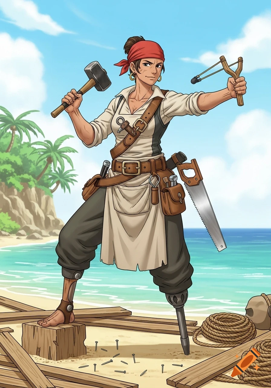A Ghibli-style pirate-carpenter with a peg leg, holding a hammer and slingshot, standing on a sandy beach with wood and ropes.