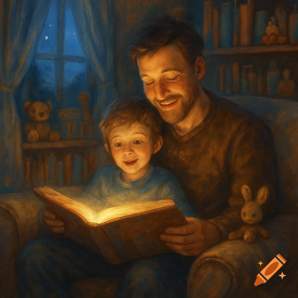 Father reads to his child, their faces glowing from a brightly lit storybook in a cozy, dimly lit room at night.