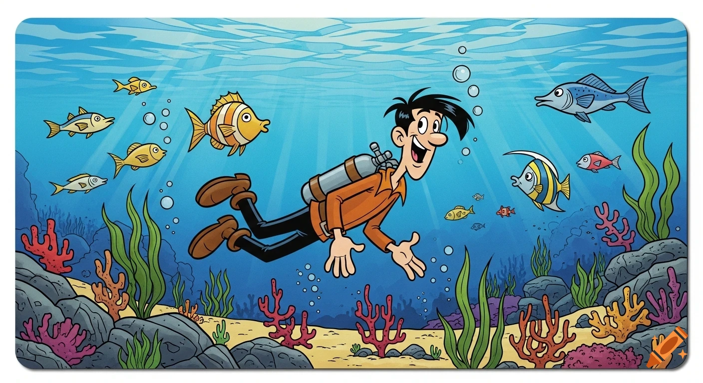 A happy cartoon diver swims underwater with colorful fish, coral, and seaweed, depicted in a vibrant comic book style.