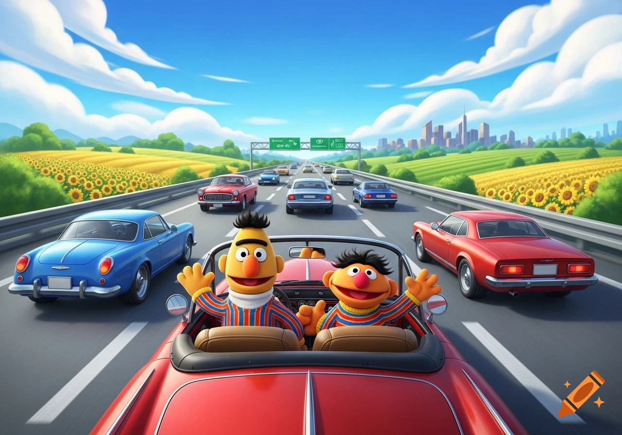 Bert and Ernie drive a red convertible on a highway through a sunflower field, with a city skyline in the distance.