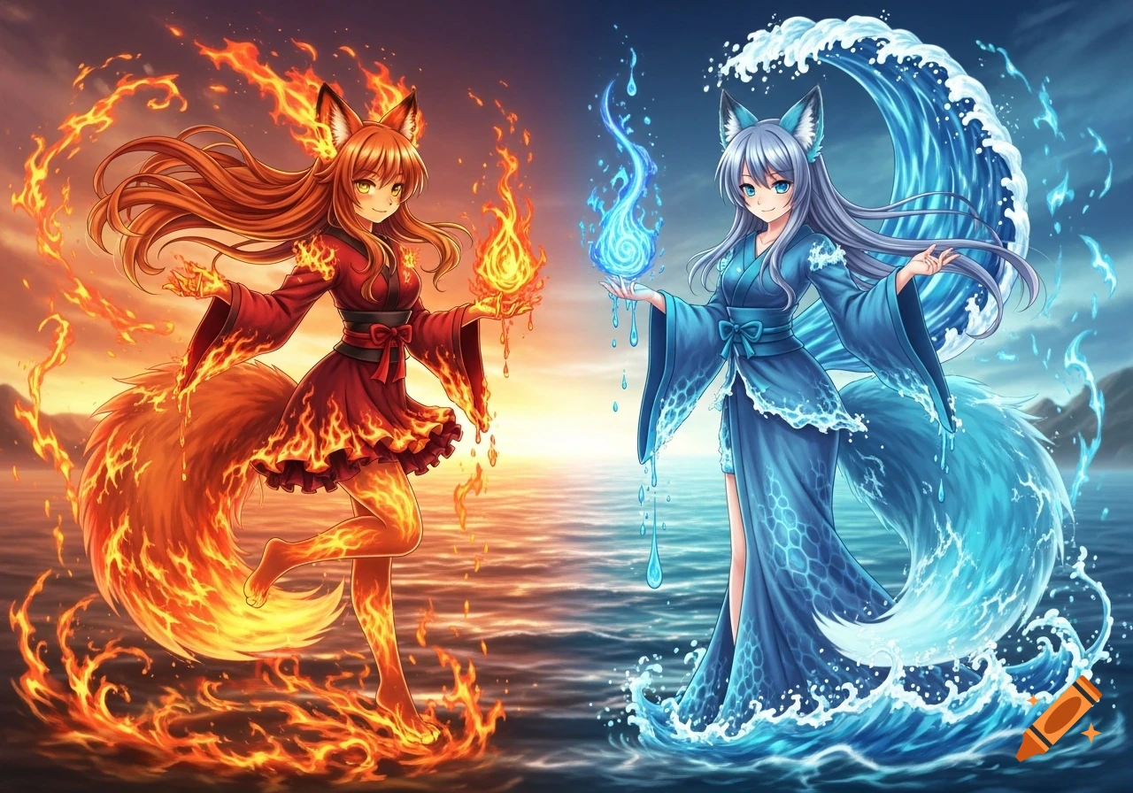Anime depiction of two fox girls, one fire-themed in red and orange, the other water-themed in blue, standing on an ocean at sunset.