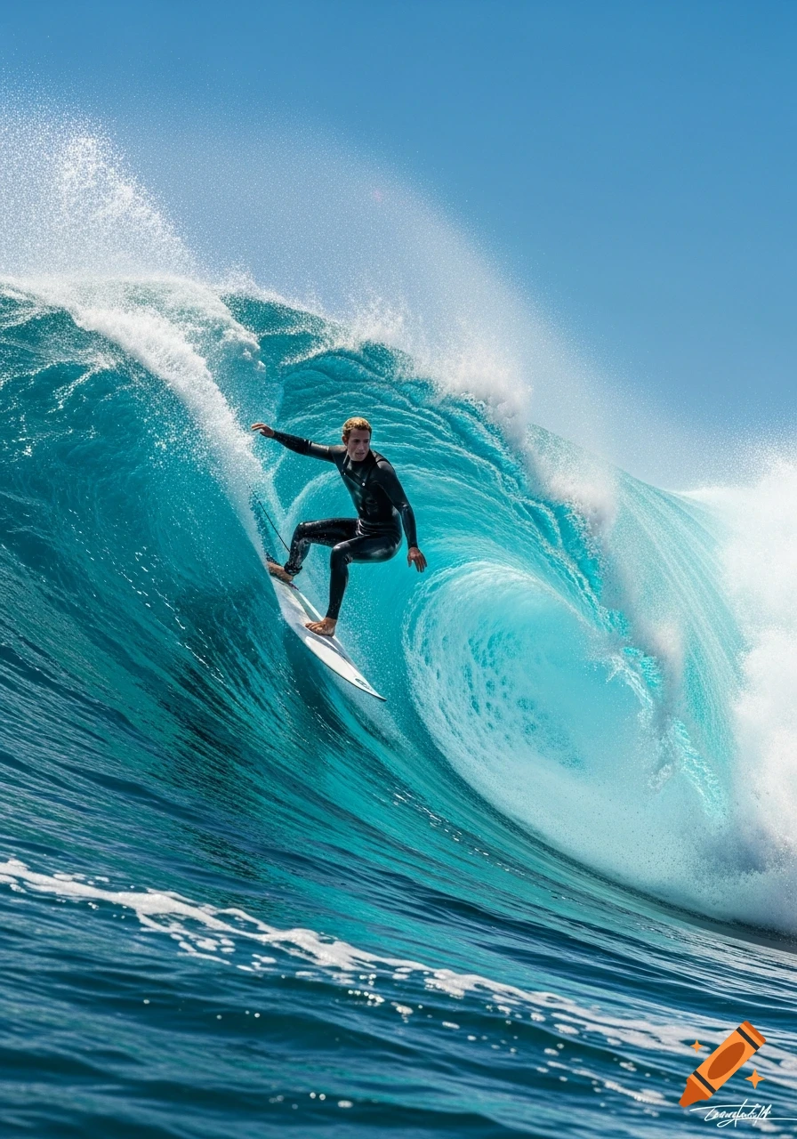 A man in a black wetsuit surfs a massive blue ocean wave, with white spray against a clear sky.