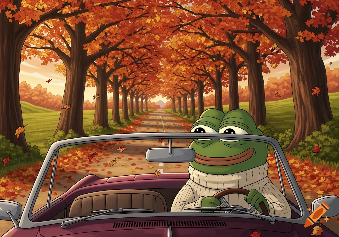Pepe the Frog, wearing a turtleneck, happily drives a convertible down an autumn road lined with trees.