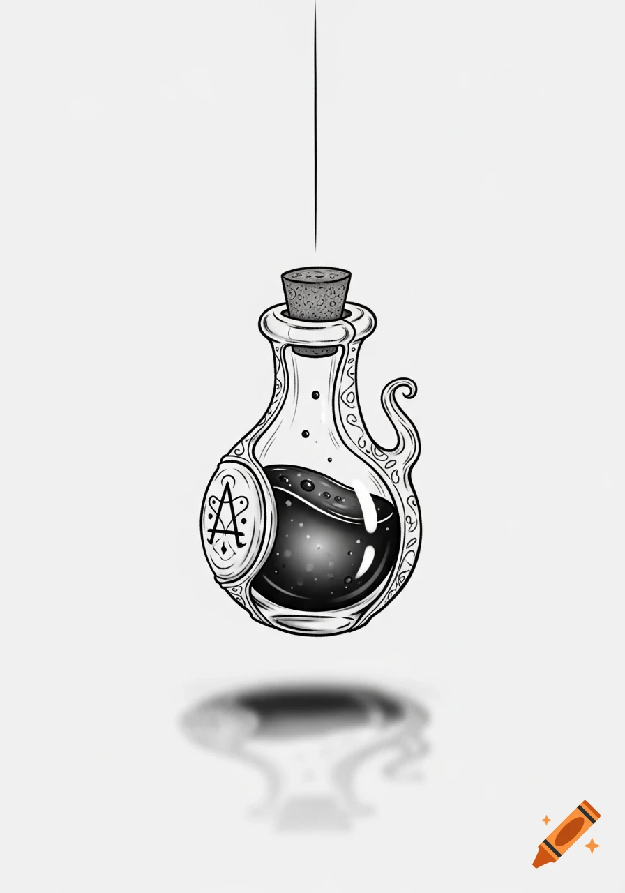 A stylized grayscale illustration of an ornate potion bottle with a cork stopper, dark liquid, and a prominent symbol on the front, suspended by a thin line.