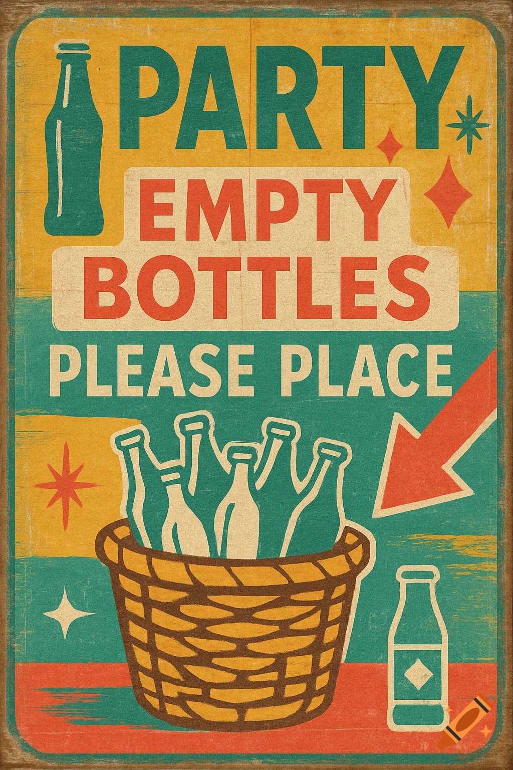 A retro-style poster sign with distressed textures, reading 'PARTY EMPTY BOTTLES PLEASE PLACE', featuring a basket of bottles and an arrow.