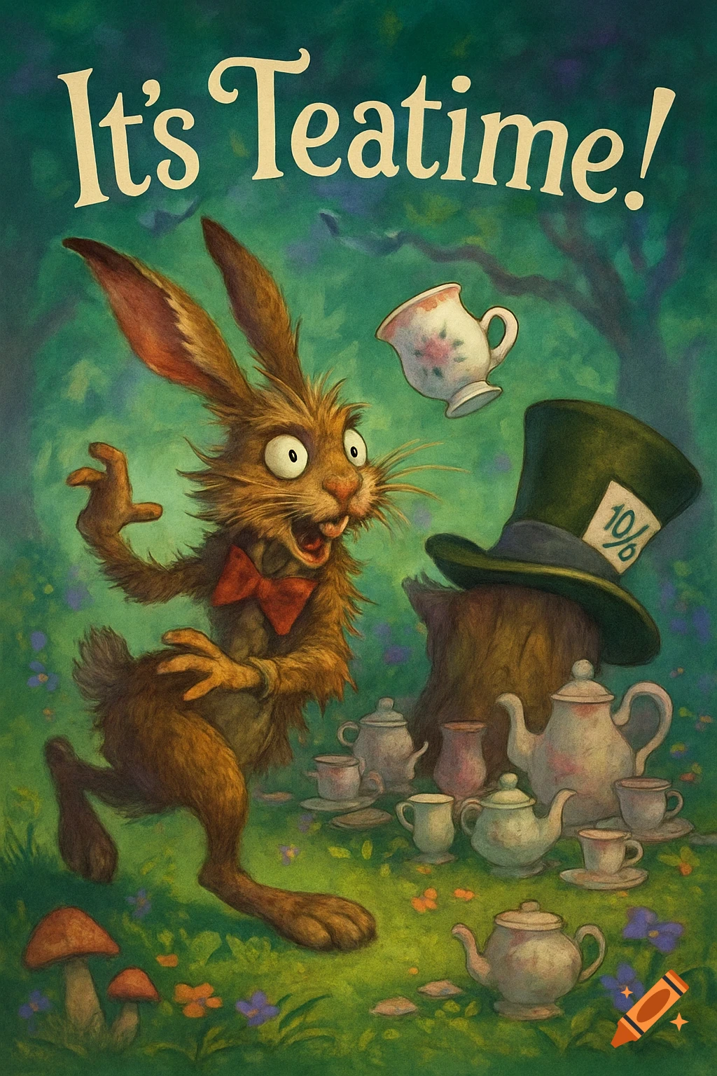 A whimsical illustration of the March Hare from Alice in Wonderland, about to throw a teacup, with the Mad Hatter's hat and a tea set in a green forest. It's Teatime! text at the top.