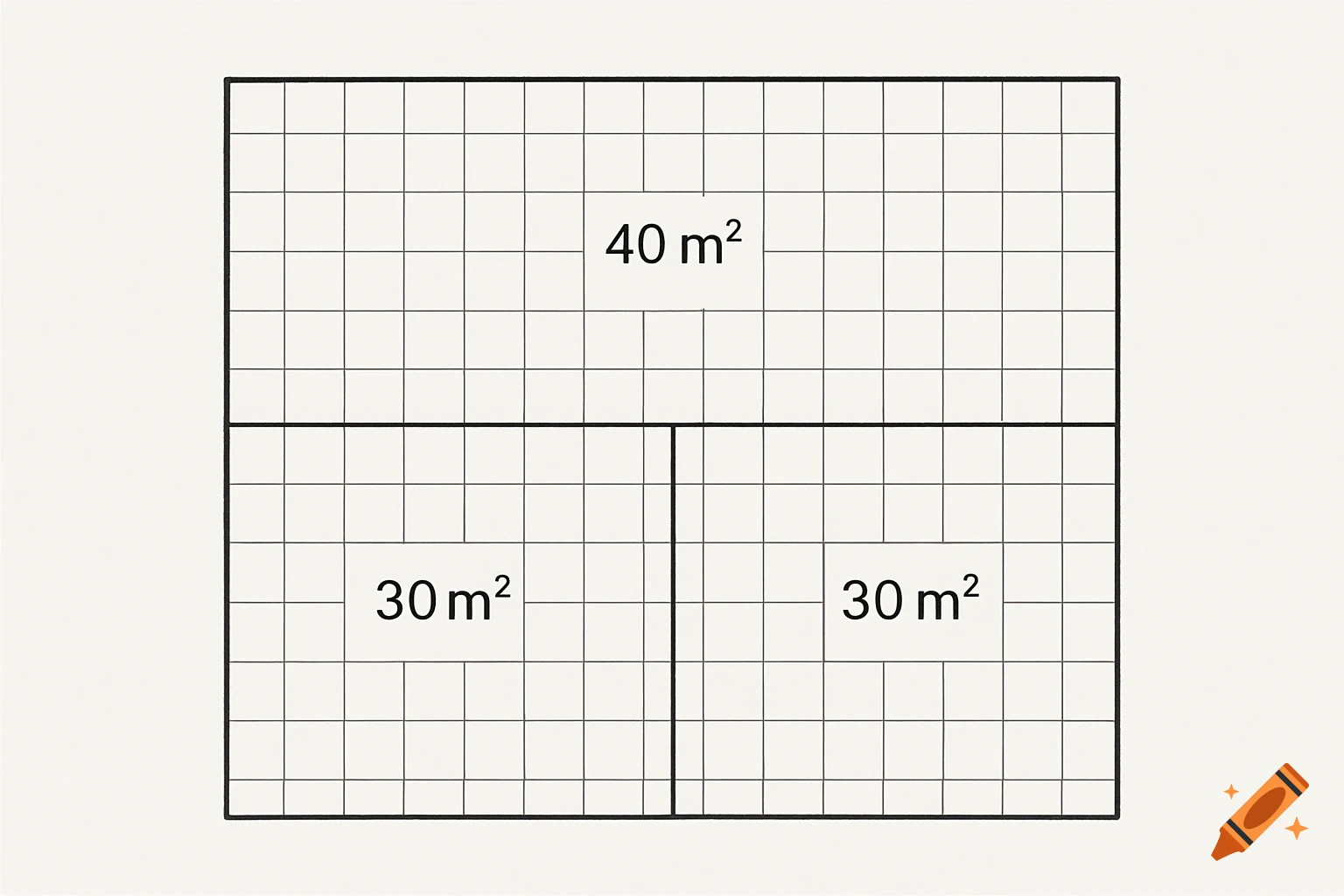 A simple grid diagram of a 100 square meter room divided into three sections labeled 40 m², 30 m², and 30 m².