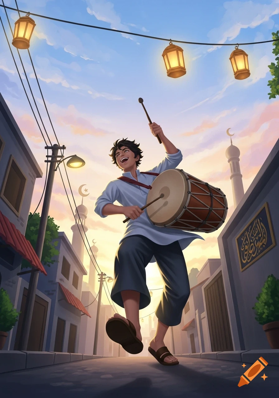 Joyful young boy playing a drum in a festive street at dusk, with glowing lanterns and mosque minarets in an illustrative style.