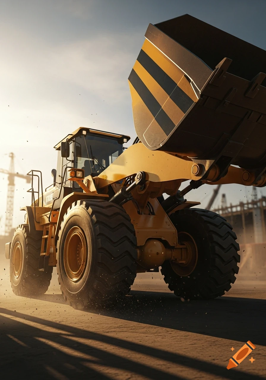 Large yellow wheel loader with a black and yellow striped bucket, kicking up dust at a sunny construction site.