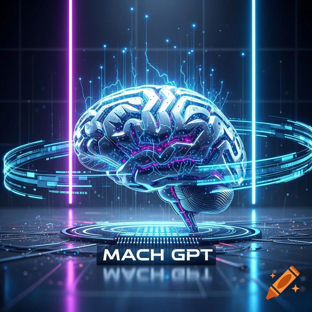 A glowing, metallic brain with circuit patterns sits on a futuristic platform, surrounded by neon blue and pink light beams. Text reads "MACH GPT".