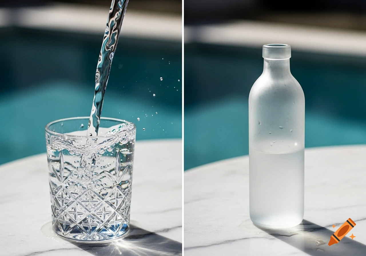 Clear water pours into a patterned glass, splashing, next to a frosted water bottle on a sunny white surface.