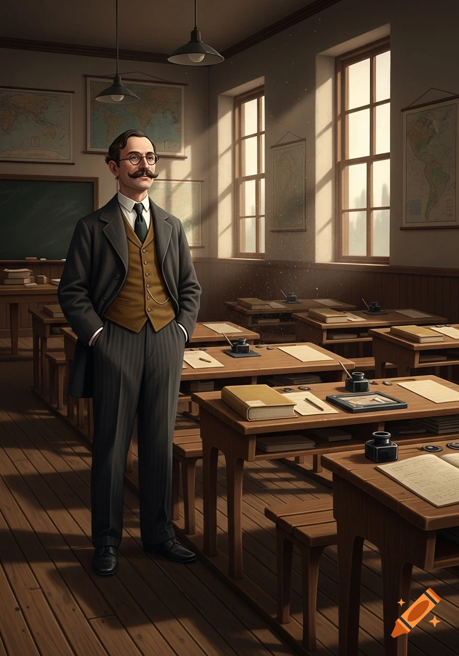 A man in a brown vest, dark suit jacket, and spectacles stands in an old-fashioned classroom with wooden desks, maps on the wall, and sunlight streaming through windows.