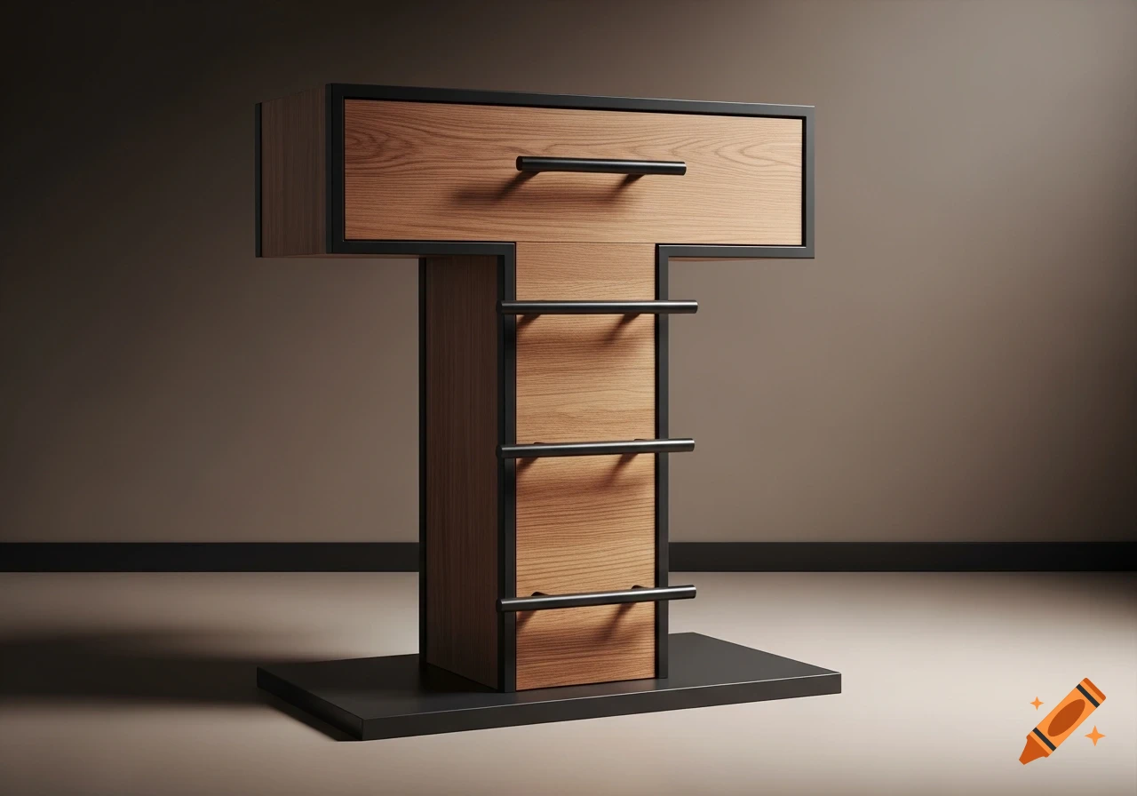 A modern chest of drawers shaped like the letter 'T', made of wood and black metal, against a neutral background.