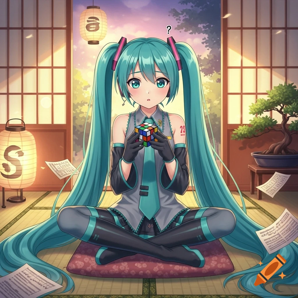 Hatsune Miku, an anime girl with long turquoise pigtails, sits cross-legged, looking confused while holding a Rubik's cube in a traditional Japanese room.