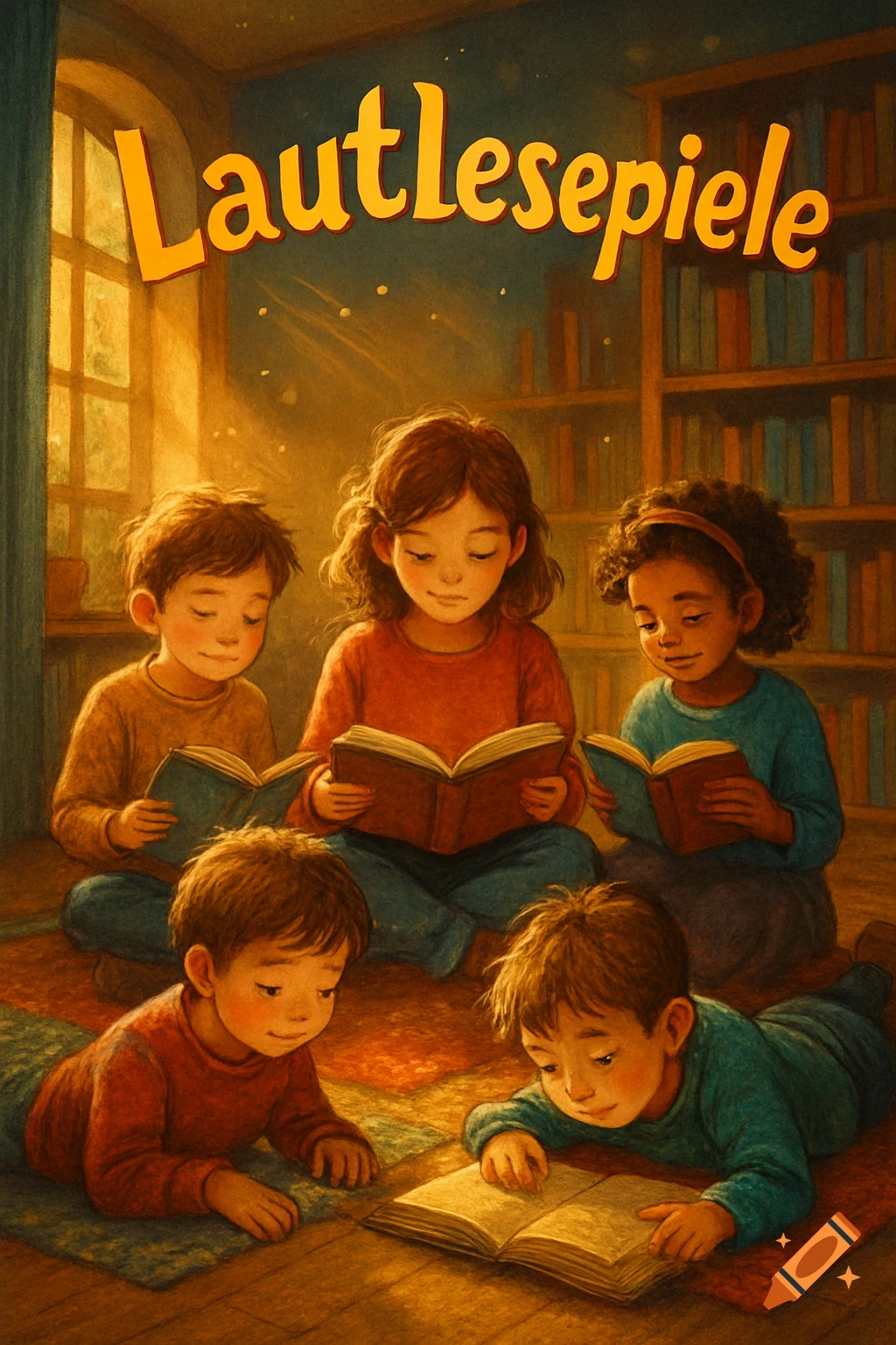 Five diverse children read books on a rug in a warm, cozy room with bookshelves, in a painterly illustration style.