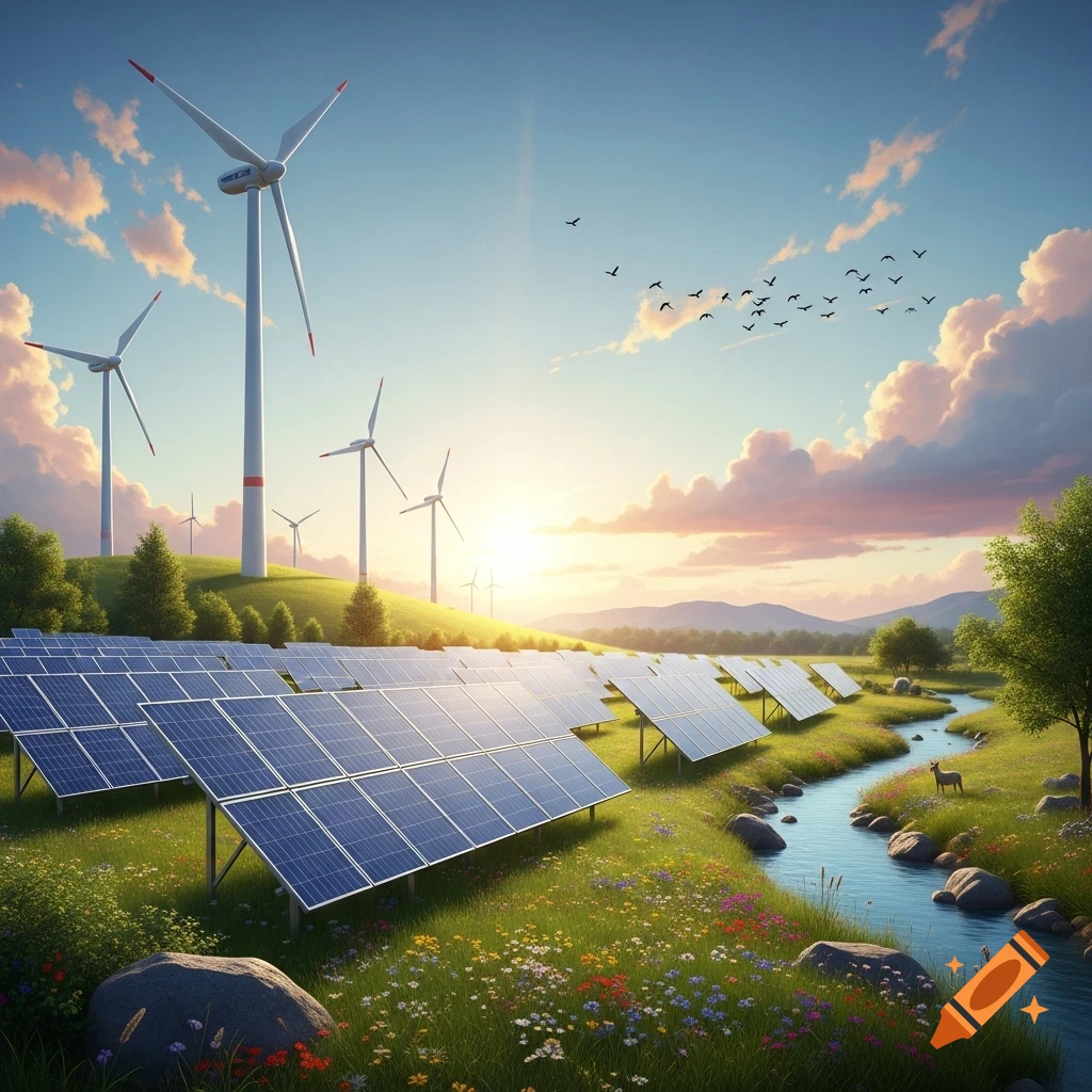 A vibrant landscape features solar panels and wind turbines amidst green fields, a winding river, and a colorful sunset sky.