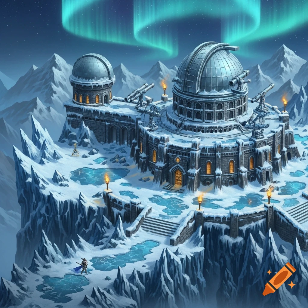 A detailed fantasy battlemap showing an icy mountaintop observatory with domes, telescopes, and torches under a vibrant green aurora.