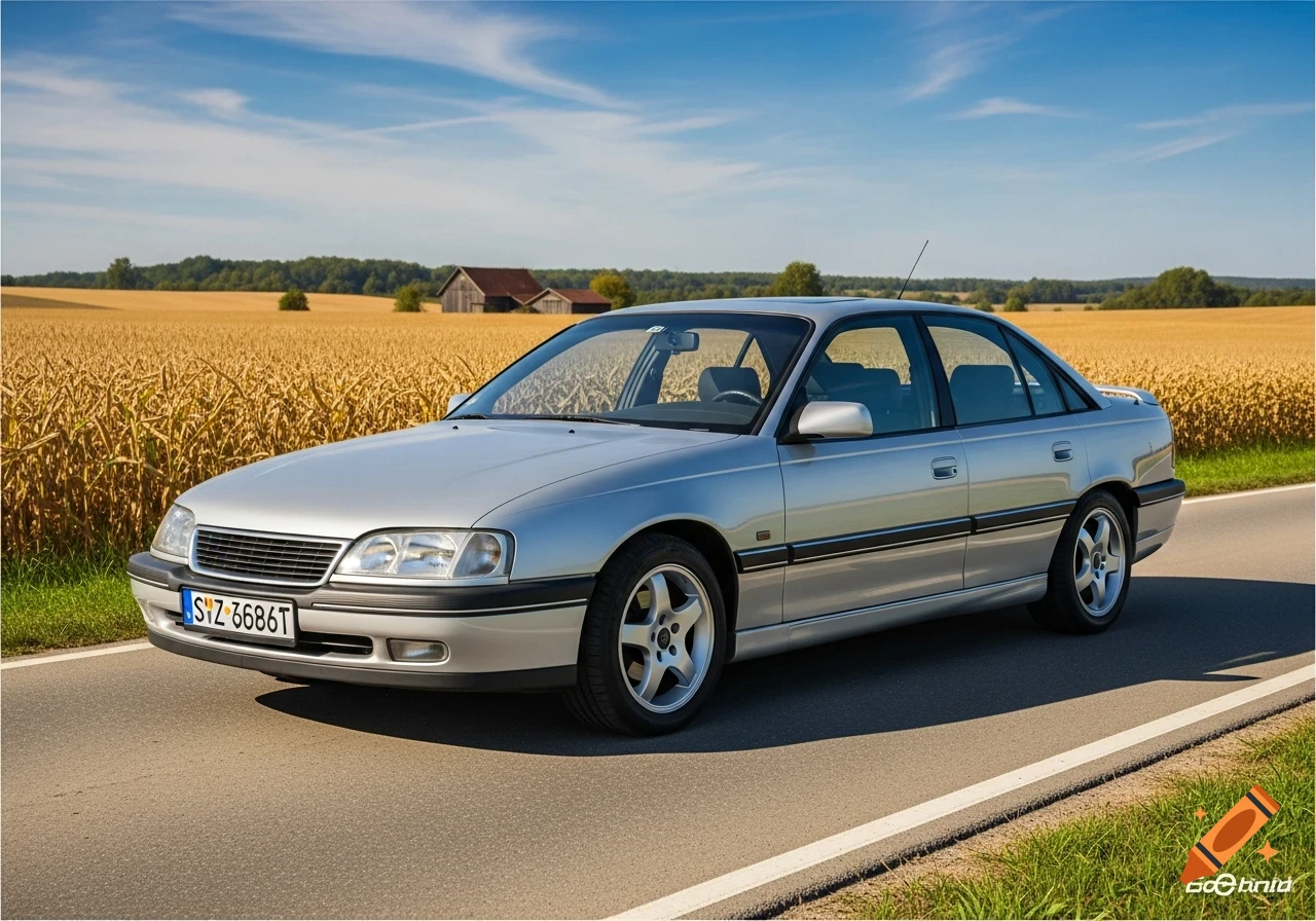 A silver Opel Omega sedan on an asphalt road next to a golden cornfield under a blue sky.