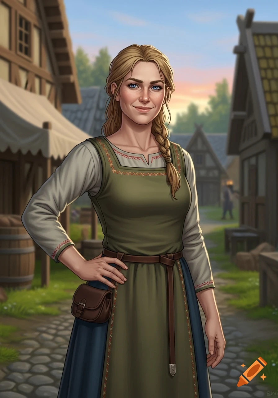 Blonde woman in medieval green dress with braid, smiling warmly, stands in a village in anime style.