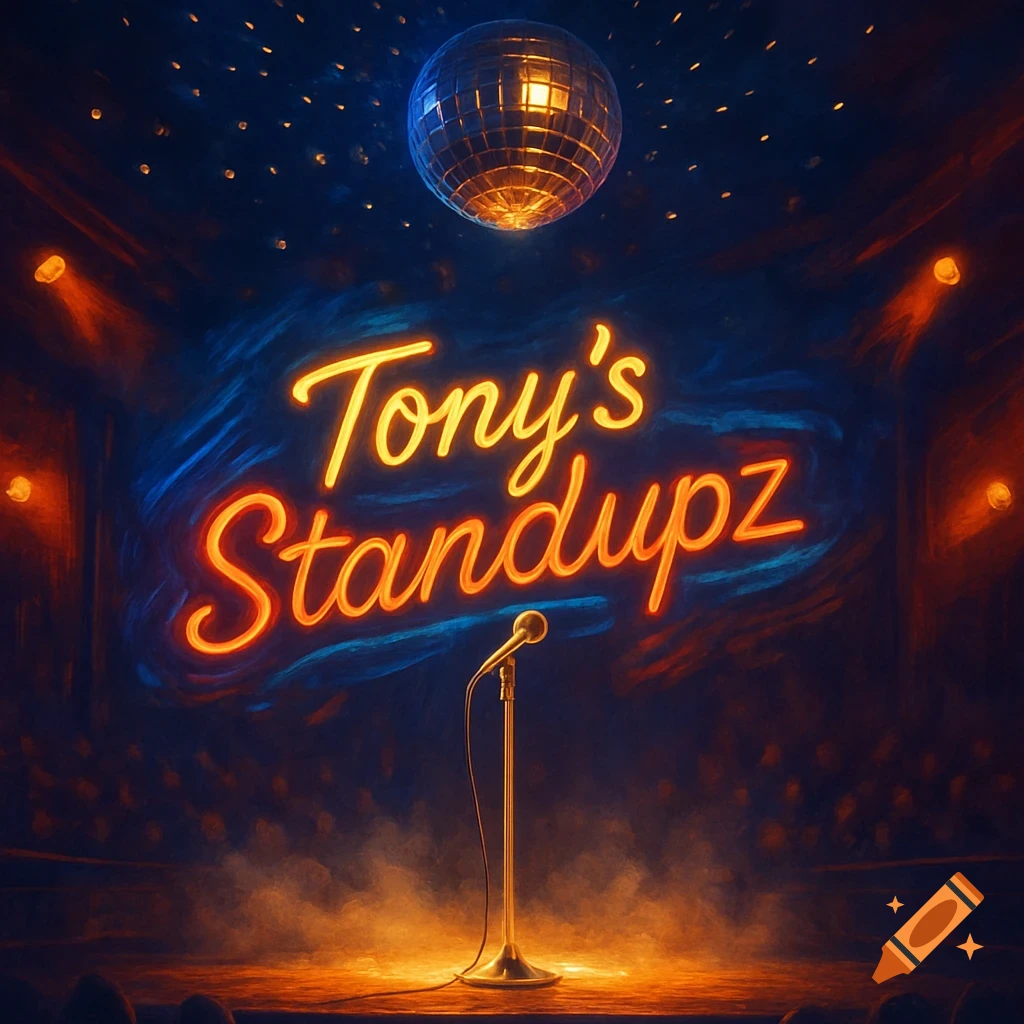 A dark stage with a microphone and a glowing neon sign that reads "Tony's Standupz" under a disco ball, in an illustrative style.