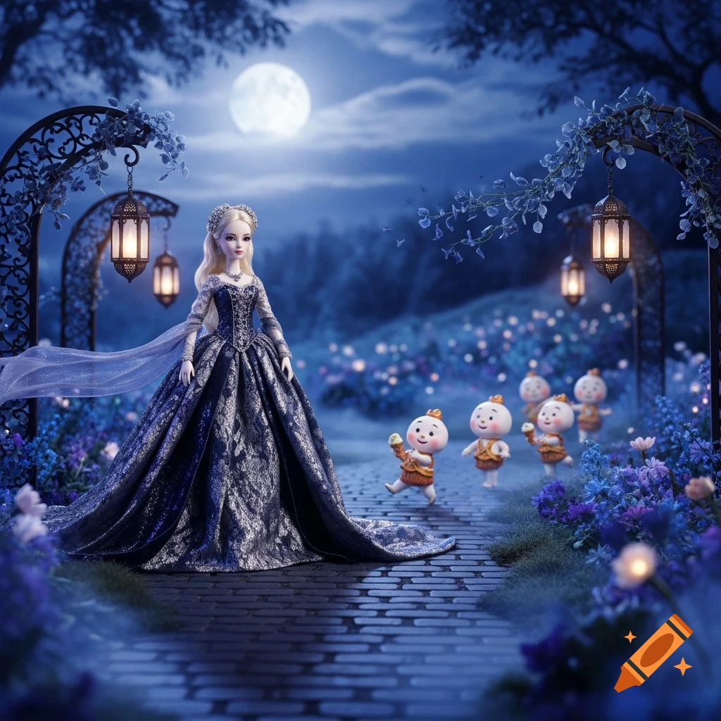 A regal doll in a dark gown on a moonlit path in a magical garden with glowing plants, lanterns, and small, smiling creatures.