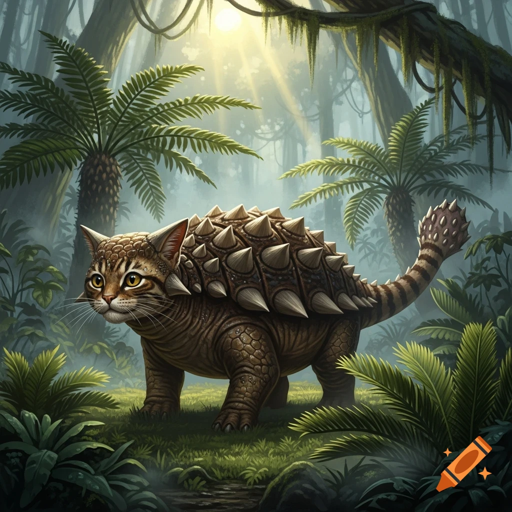 A brown tabby cat head on an armored ankylosaurus body with spikes and a striped tail, standing in a lush, sunlit jungle.