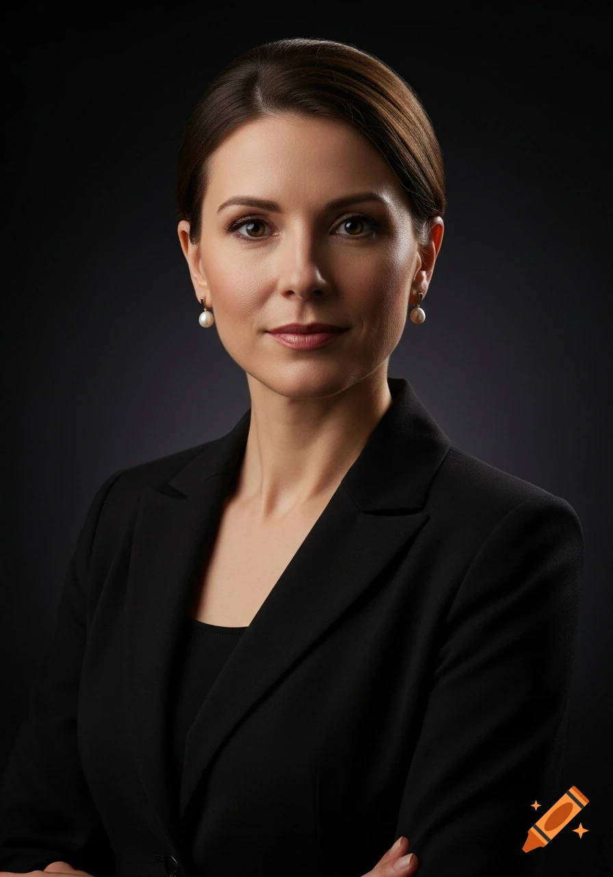 Photorealistic corporate portrait of an elegant woman in a black suit and pearl earrings against a dark background.