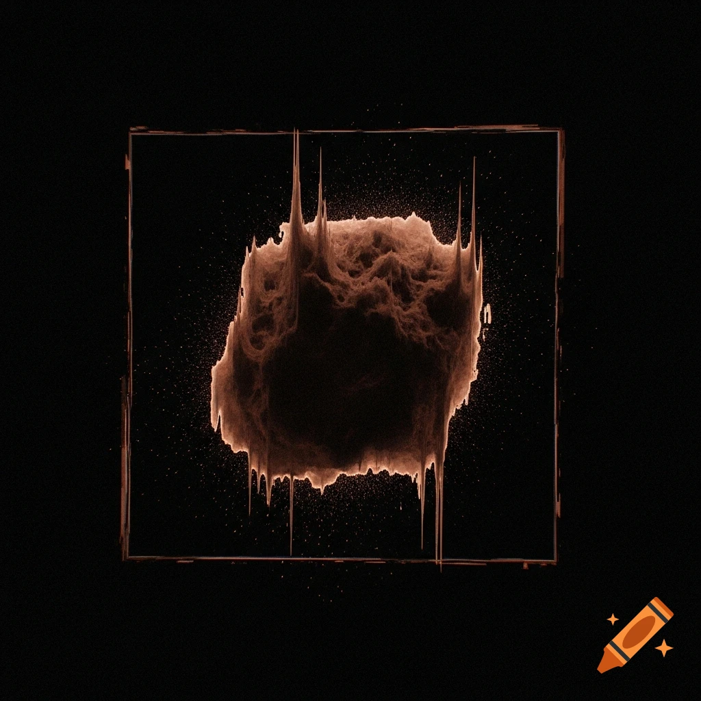 A dark, distorted, organic brown blotch with a glowing, glitch-corrupted outline, floating within a square frame in a black void.