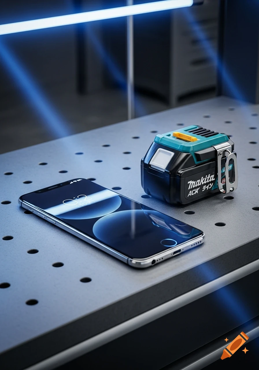 A smartphone and a Makita power tool battery on a metal surface, illuminated by blue light in a photorealistic style.