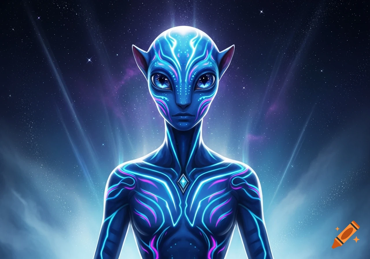 A blue alien with glowing neon patterns stands against a starry, cosmic background, looking forward.