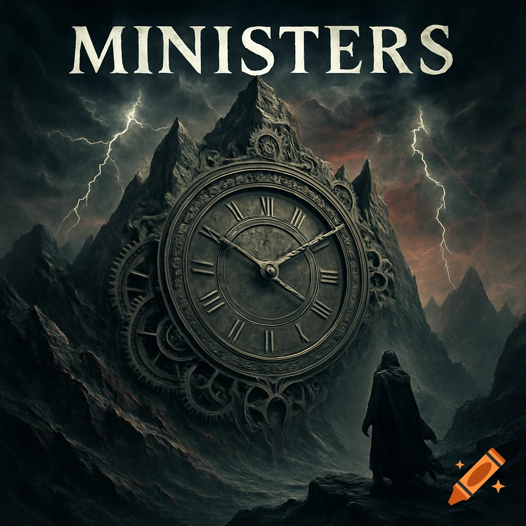 Dark fantasy album cover with 'MINISTERS' text above a robed figure facing a giant clock in a stormy mountain.