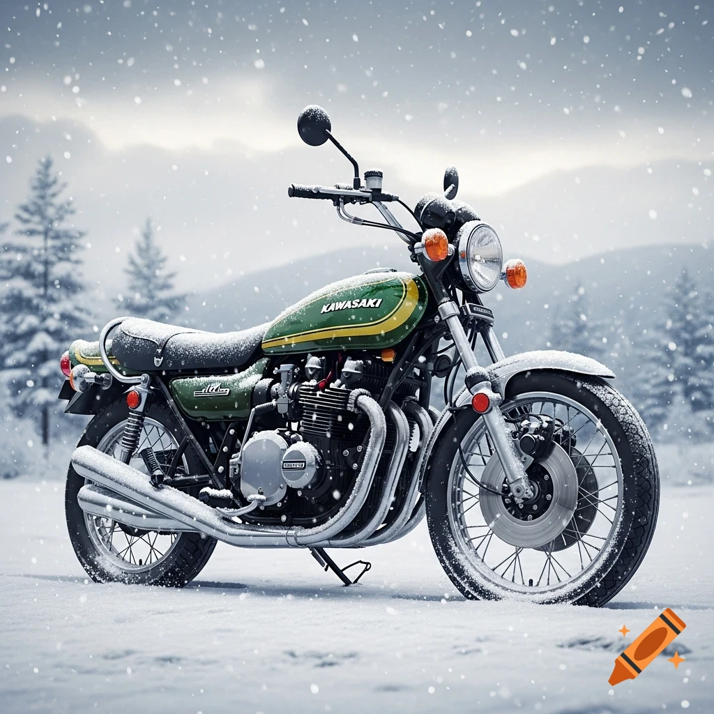 A green and yellow Kawasaki motorcycle covered in snow, parked in a winter landscape with pine trees.