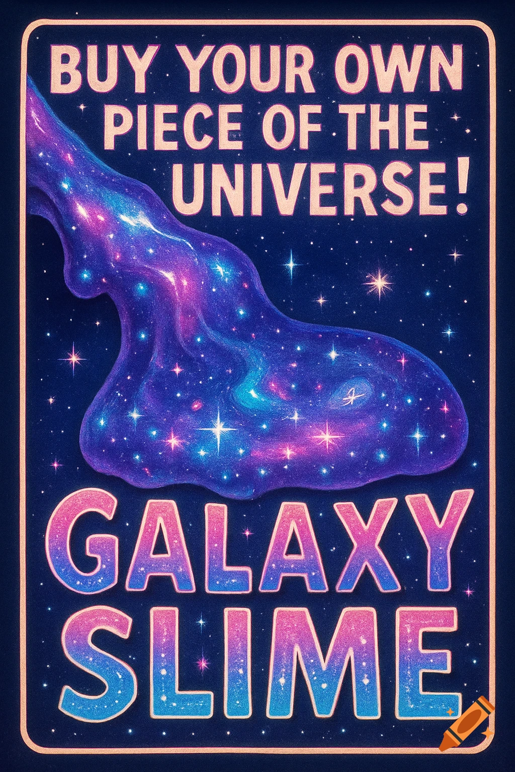 A colorful poster advertising 'Galaxy Slime', featuring a swirling purple and blue cosmic slime on a starry dark background.