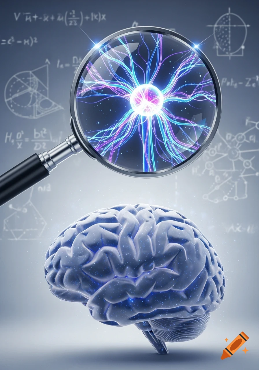 Stylized human brain with glowing particles and a magnifying glass revealing a plasma neuron, on a scientific background.