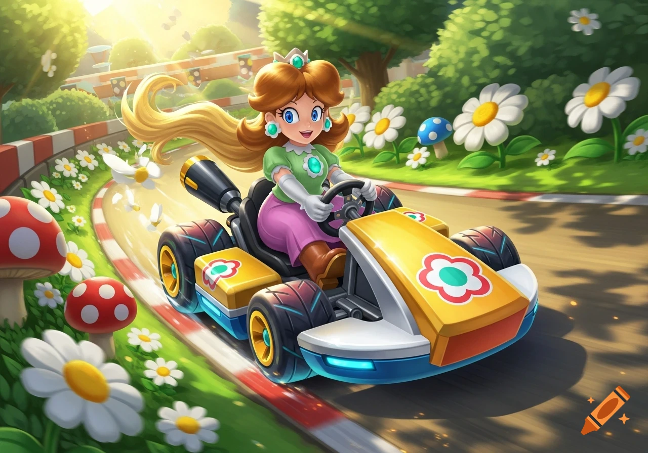 Princess Daisy races a yellow go-kart on a sunny, flower-filled track, surrounded by green trees and mushrooms.