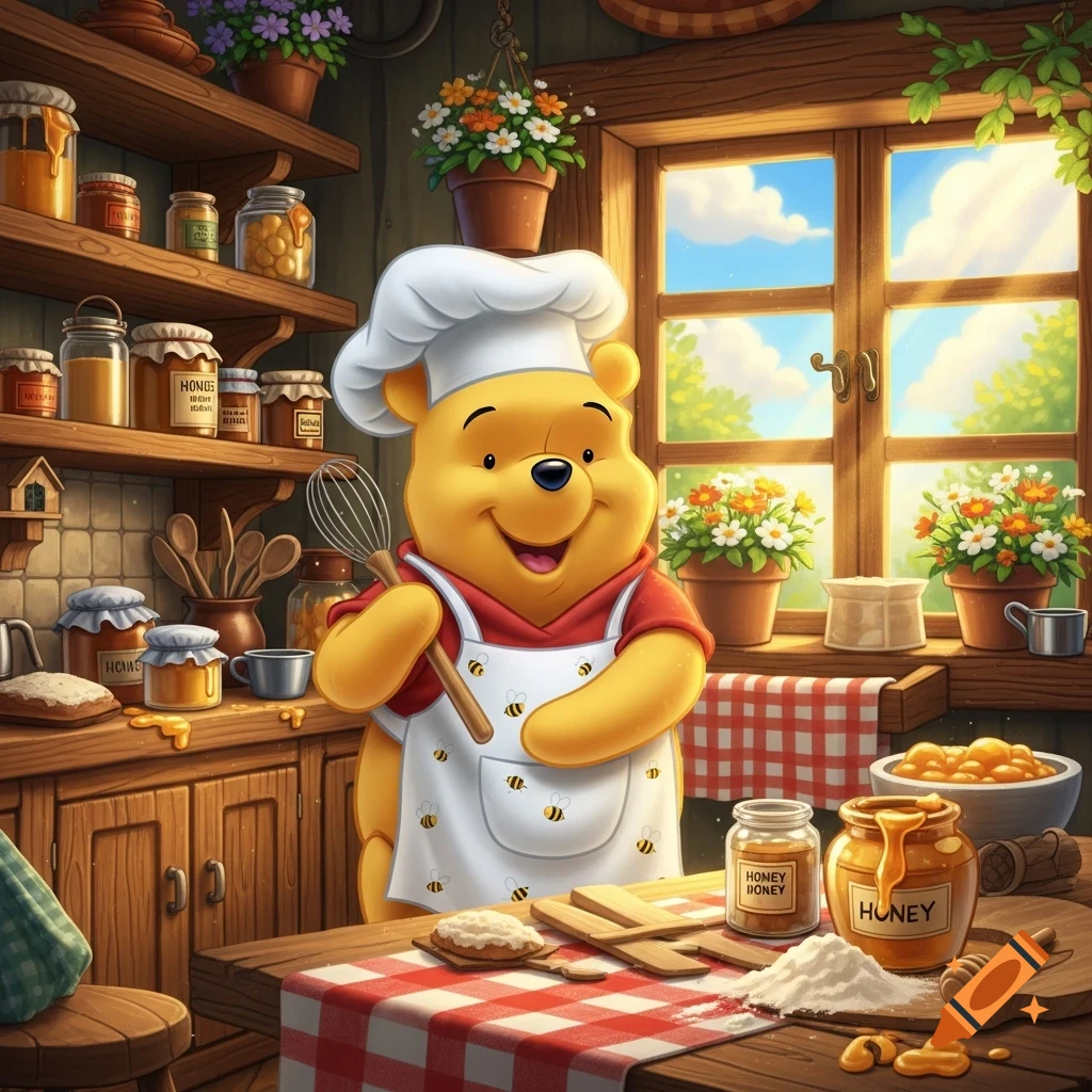 Winnie the Pooh as a happy chef in a rustic kitchen, wearing a chef's hat and apron, holding a whisk, with honey and baking ingredients.