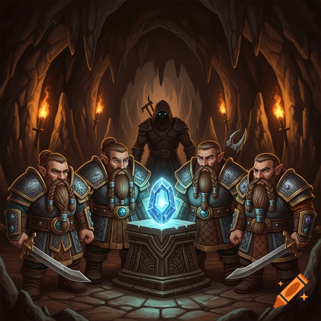 Four armored dwarves with beards stand around a glowing blue crystal on a podium in a torch-lit cave, with a shadowy hooded bandit figure behind them. Fantasy illustration.