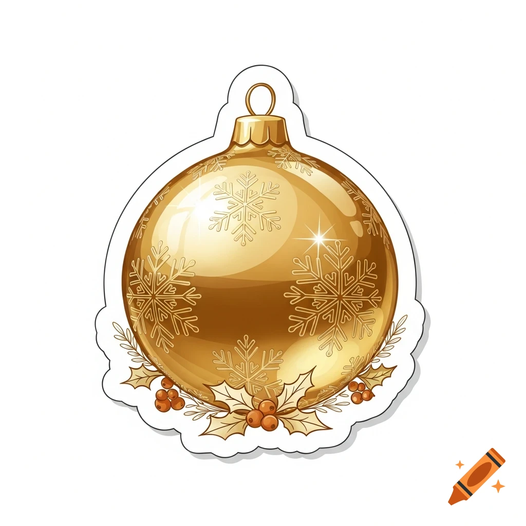 A shiny golden Christmas ornament sticker with snowflake designs and holly accents at its base.