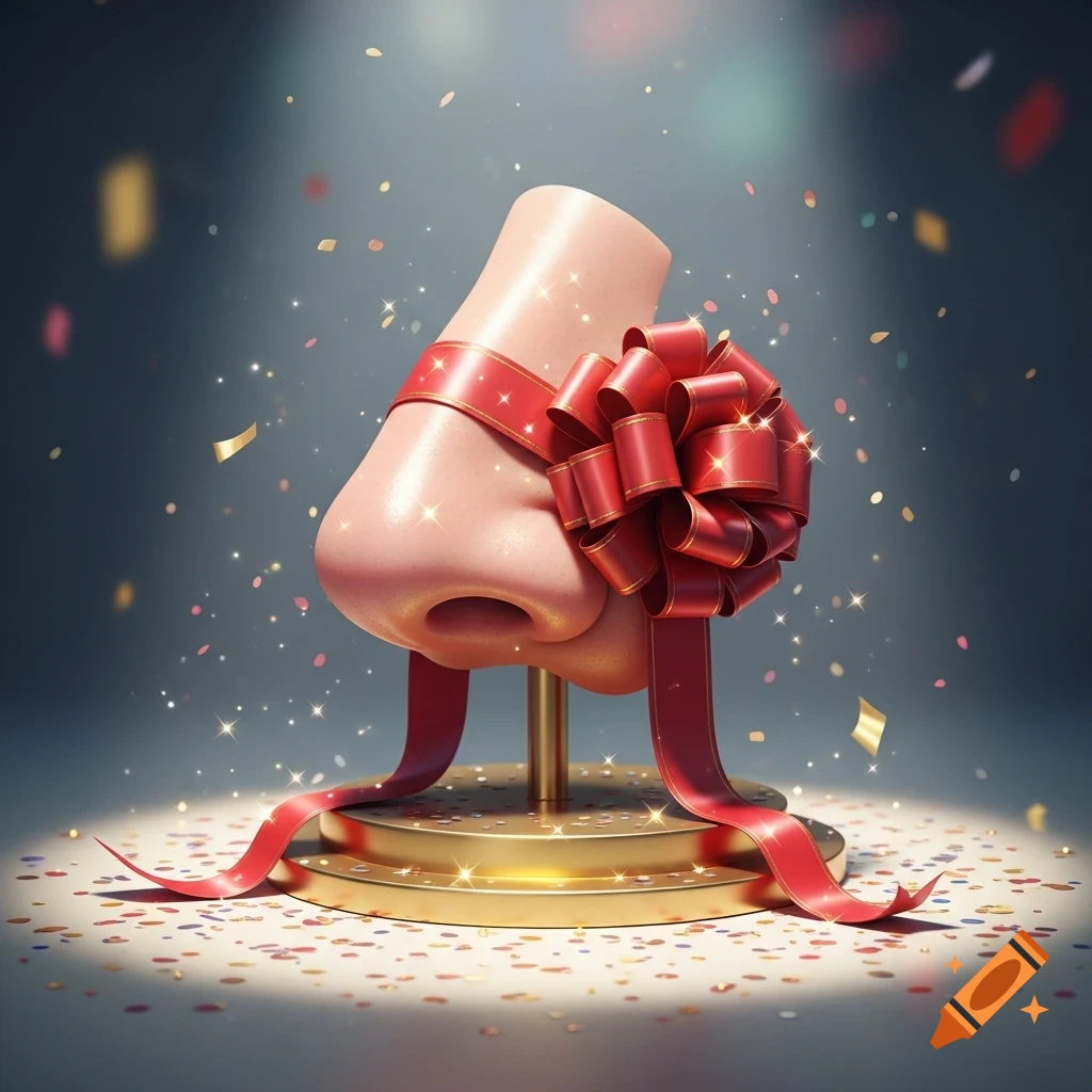 A stylized human nose wrapped like a gift with a red ribbon and bow, on a golden pedestal amidst confetti and sparkling lights.