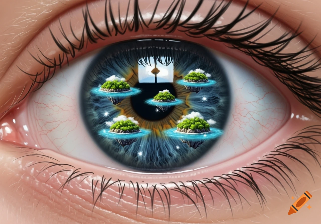 Close-up of a human eye with floating green islands and clouds within the blue iris, resembling a miniature world.