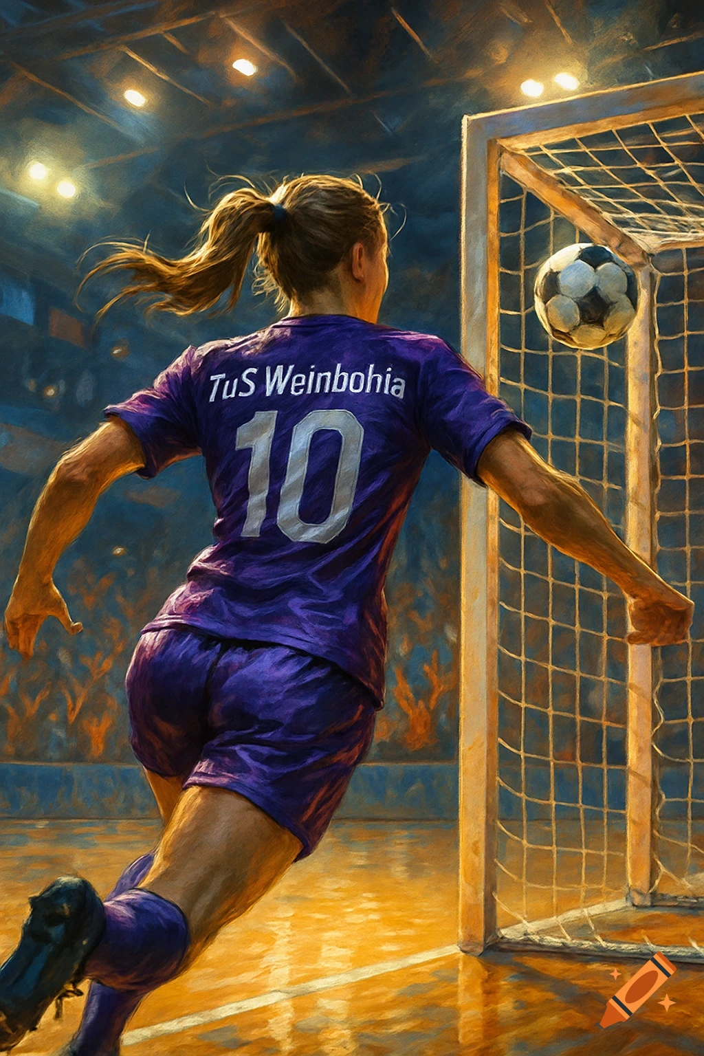 Female soccer player in a purple jersey with 'TuS Weinböhla' and '10' scoring a goal in an indoor arena, painterly style.