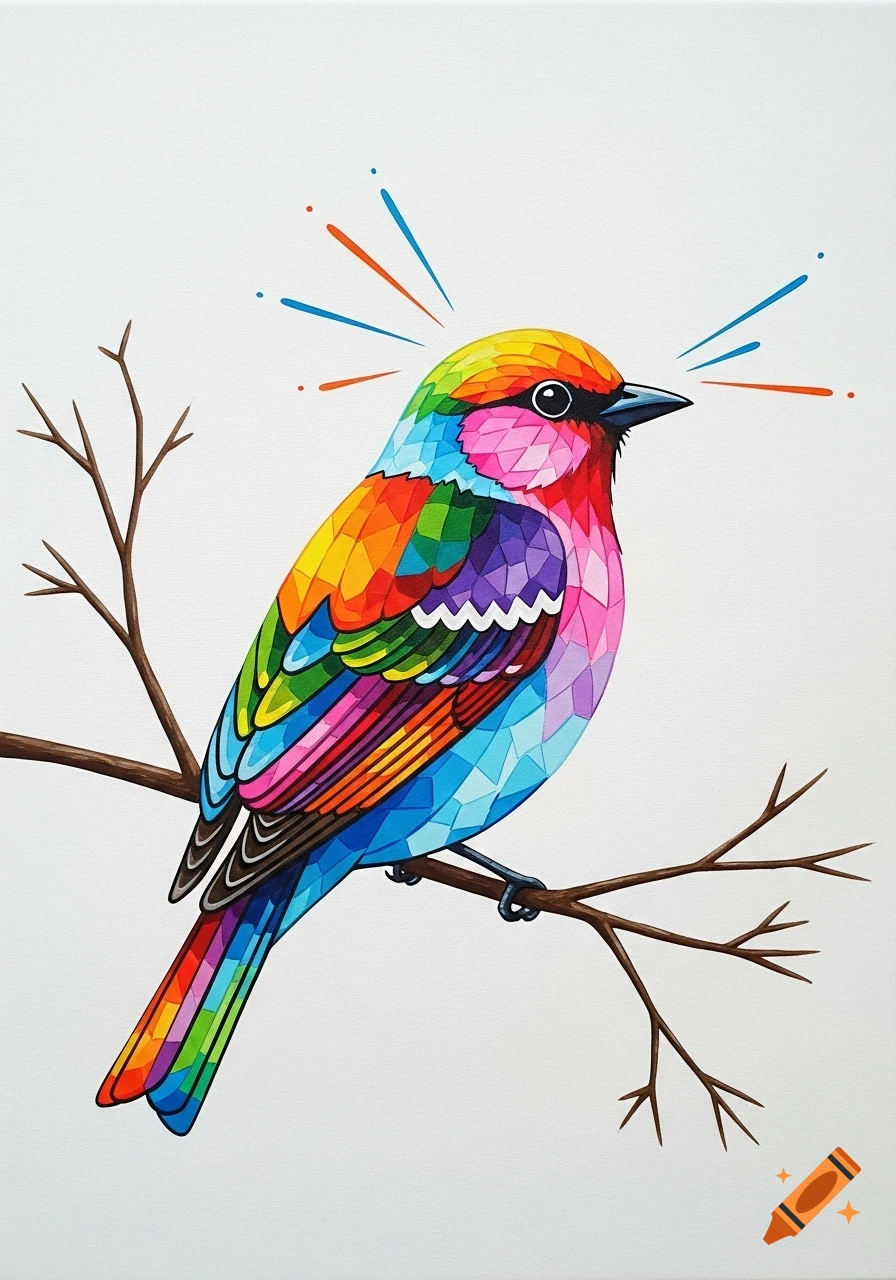 Vibrant, geometrically patterned bird in rainbow colors perches on a bare branch with colorful radiating lines.