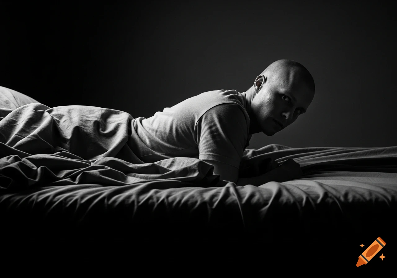 Photorealistic black and white portrait of a bald man in a t-shirt ...