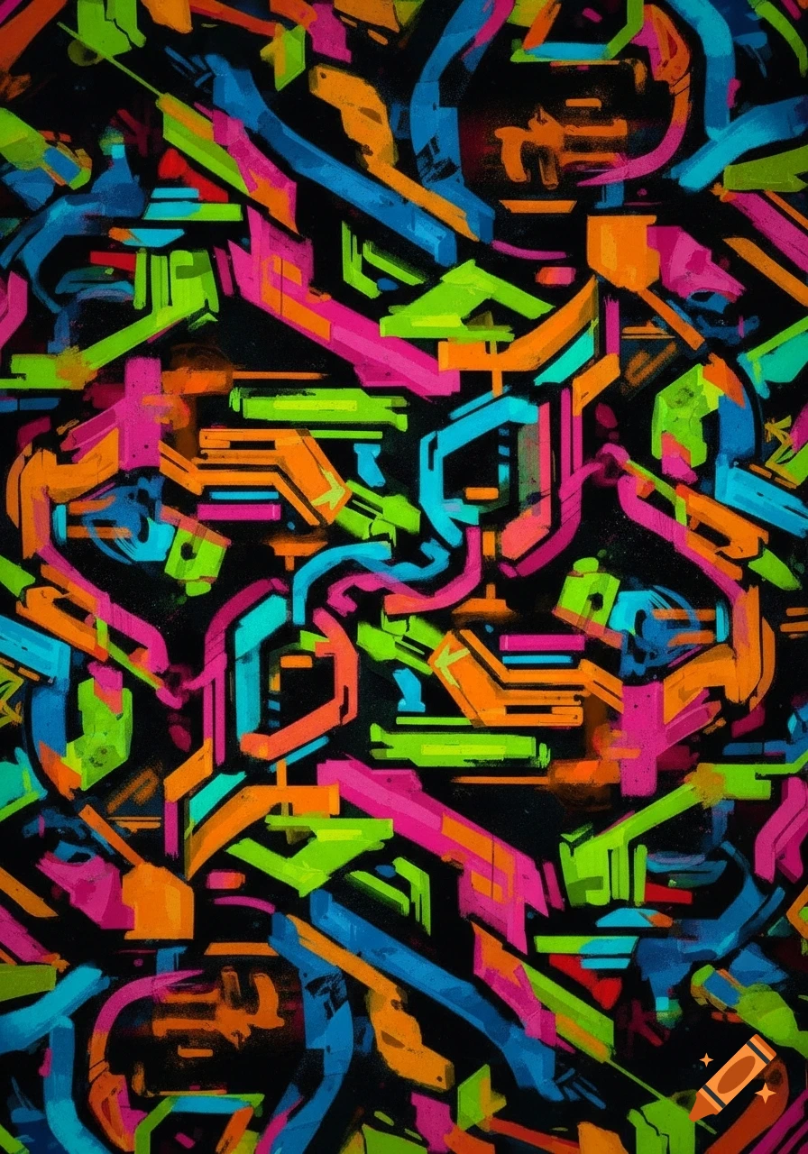 Vibrant abstract graffiti pattern of interconnected neon blue, green, pink, and orange shapes on a black background.