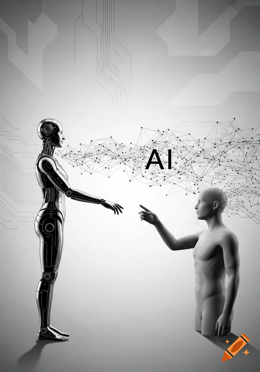 Black and white conceptual art of a robot and a human reaching, linked by a network with 'AI' text and circuit patterns.